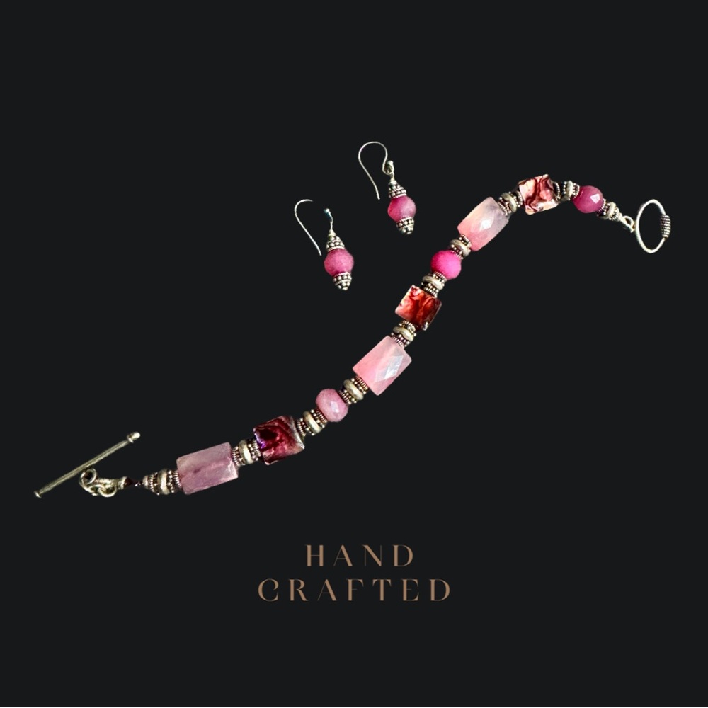 Handcrafted Sterling Silver and Chalcedony stone bracelet and earrings.